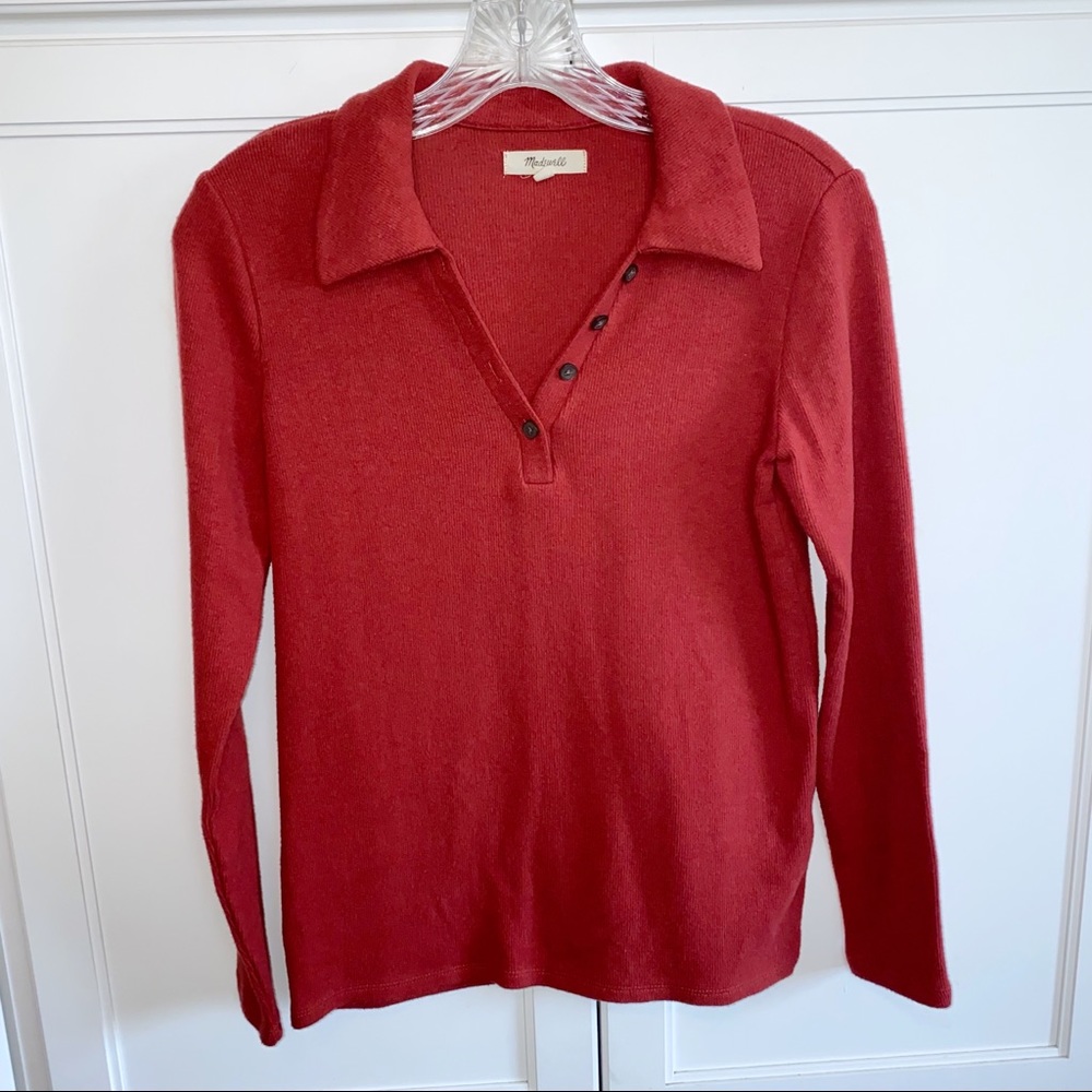 Madewell | Plush Ribbed Knit Polo Shirt Sweater Rust/Red XS